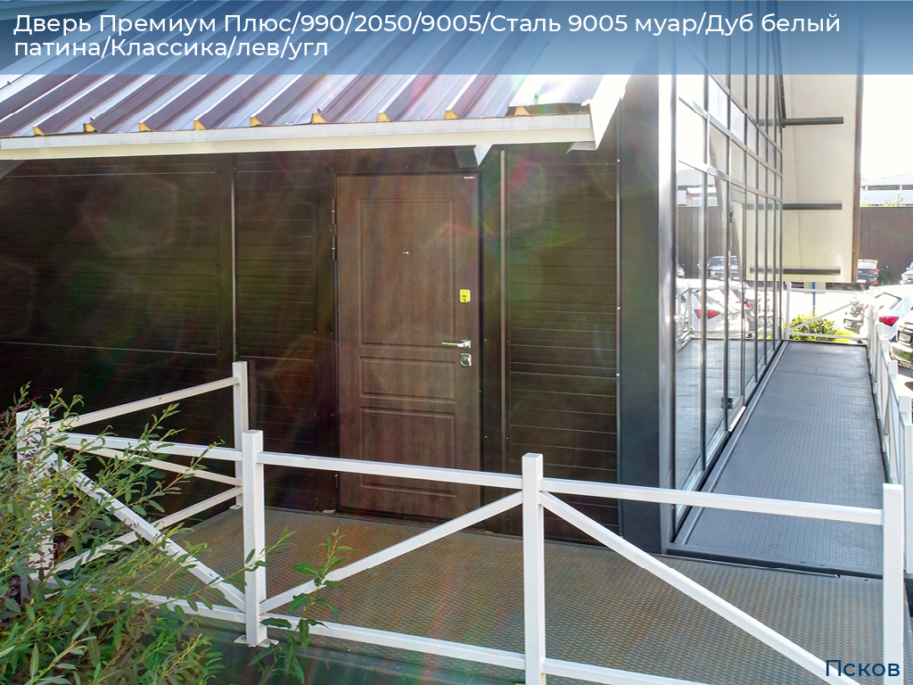 Дверь Премиум Плюс/990/2050/9005/Сталь 9005 муар/Дуб белый патина/Классика/лев/угл, pskov.doorhan.ru